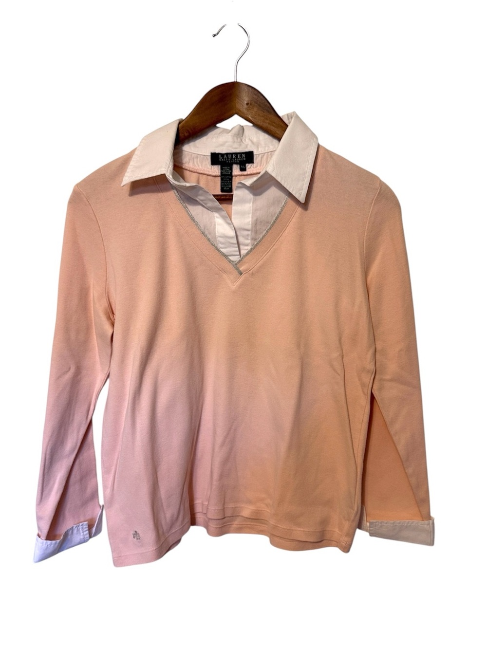 Vintage Lauren Ralph Lauren Long Sleeve Blouse Sweater Pink White PL Collar